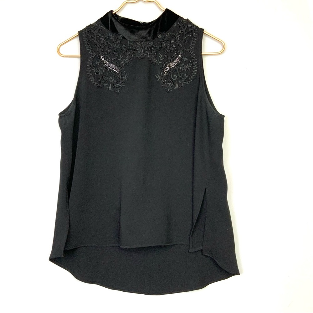 ZARA Medium Black Velvet High Neck Lace Beaded Embellished Sleeveless Swing Top